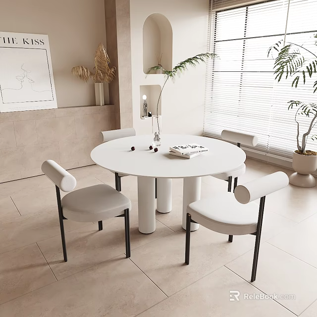 Modern Dining Table Set With White Round Table Light Gray Chairs Black Legs And Plants 3d model