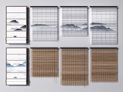 Various Window Blinds With Bamboo And White Mountain Pattern Designs For Home Decor 3d model