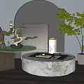 Round Coffee Table With Marble Glass Top Monkey Statue And Potted Plant Vase