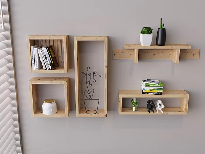 Wooden Wall Shelves with Books Potted Plants Decor Items and Figurines on Gray Wall 3d model