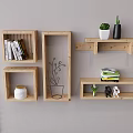 Wooden Wall Shelves with Books Potted Plants Decor Items and Figurines on Gray Wall