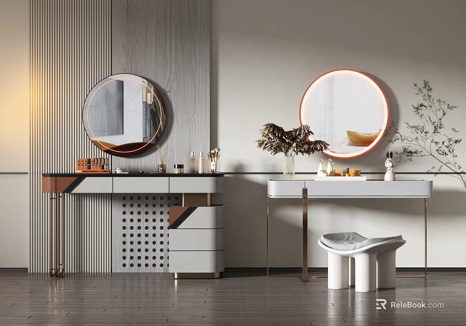 Modern Stylish Dressing Tables With Round Mirrors Drawers Stool And Cosmetics 3d model