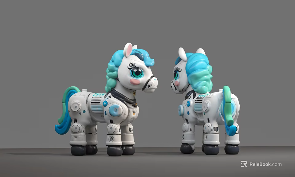 Smart Machine Pony Models Featuring White Bodies Turquoise Manes And Mechanical Components 3d model 