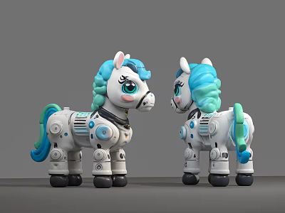 Smart Machine Pony Models Featuring White Bodies Turquoise Manes And Mechanical Components 3d model