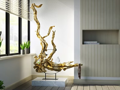 Golden Branch Shaped Decorative Ornament Set With Marble Base For Modern Interior 3d model