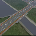 Multi Lane Bridge Road Infrastructure With Vehicles River And Green Belts