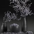 Fresh Ripe Blueberries In Bowl And Decorative Branches Arranged In Black Vases