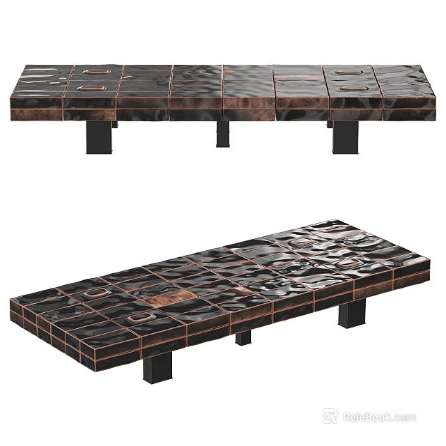 Modern Dining Table With Patchwork Textured Surface And Black Metal Legs 3d model 