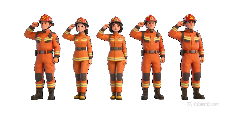 Group of Firefighters Standing and Saluting in Formal Orange Uniforms with Helmets 3d model 