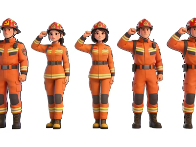 Group of Firefighters Standing and Saluting in Formal Orange Uniforms with Helmets 3d model