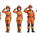Group of Firefighters Standing and Saluting in Formal Orange Uniforms with Helmets