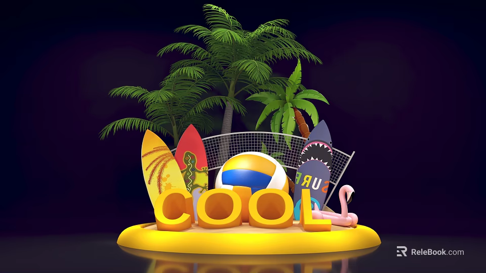 Vibrant Beach Setup Featuring Palm Trees Surfboards Beach Ball Cool Letters And Flamingo 3d model 
