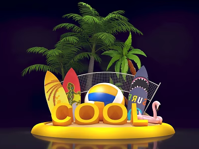 Vibrant Beach Setup Featuring Palm Trees Surfboards Beach Ball Cool Letters And Flamingo 3d model