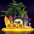Vibrant Beach Setup Featuring Palm Trees Surfboards Beach Ball Cool Letters And Flamingo