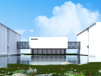 Modern Hospital Building With White Exterior Two Buildings Connected By Bridge Water Pool And Green Plants Around 3d model