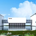 Modern Hospital Building With White Exterior Two Buildings Connected By Bridge Water Pool And Green Plants Around