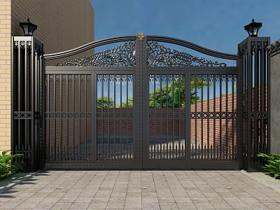 Ornate Wrought Iron Gate With Decorative Design And Lamp Posts Brick Wall Greenery 3d model