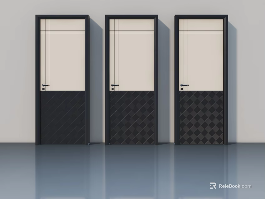 Modern Swing Doors with Black Frames Glass Panels and Diamond Pattern Design 3d model