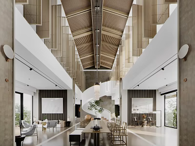 Modern Elegant Reception Area With Wooden Ceiling Pendant Light And Leather Sofa Seating 3d model