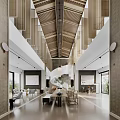 Modern Elegant Reception Area With Wooden Ceiling Pendant Light And Leather Sofa Seating