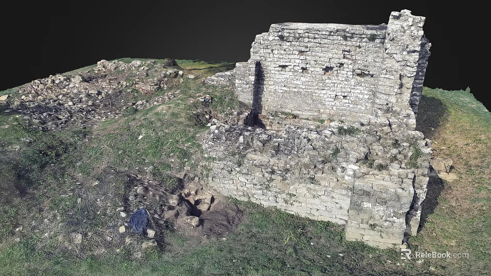 Ancient Ruined Stone Walls With Broken Bricks And Grass Covered Ground 3d model 
