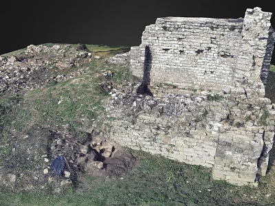 Ancient Ruined Stone Walls With Broken Bricks And Grass Covered Ground 3d model