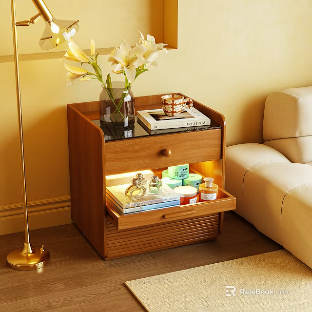 Wooden Bedside Table with Drawer Vase White Flowers Books Cup Skincare Products Floor Lamp 3d model 