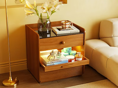 Wooden Bedside Table with Drawer Vase White Flowers Books Cup Skincare Products Floor Lamp 3d model