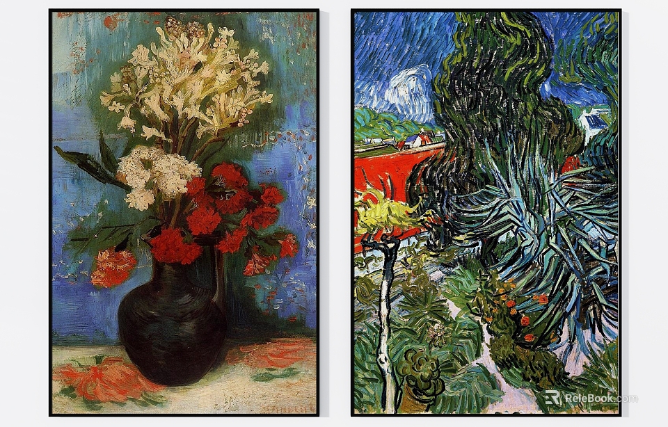 Oil Paintings of Floral Still Life Vase with Flowers and Landscape Trees Red Roof House 3d model 