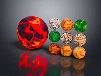 Colorful Decorative Ornament Set With Red Green Orange Spheres And Marble Texture On Dark Background 3d model