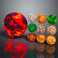Colorful Decorative Ornament Set With Red Green Orange Spheres And Marble Texture On Dark Background