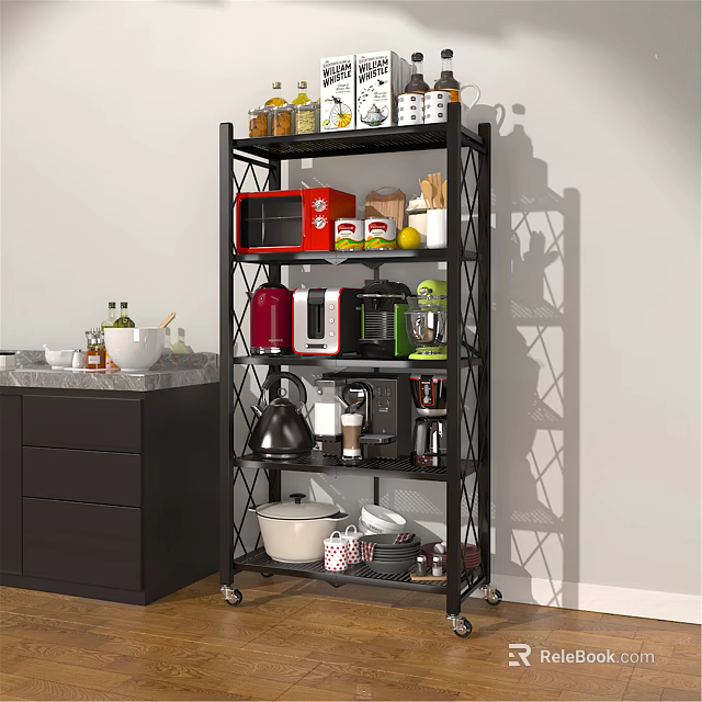 Black Multi Tiered Kitchen Storage Rack With Microwave Toaster And Coffee Maker On Wheels 3d model