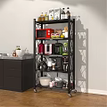 Black Multi Tiered Kitchen Storage Rack With Microwave Toaster And Coffee Maker On Wheels 3d model