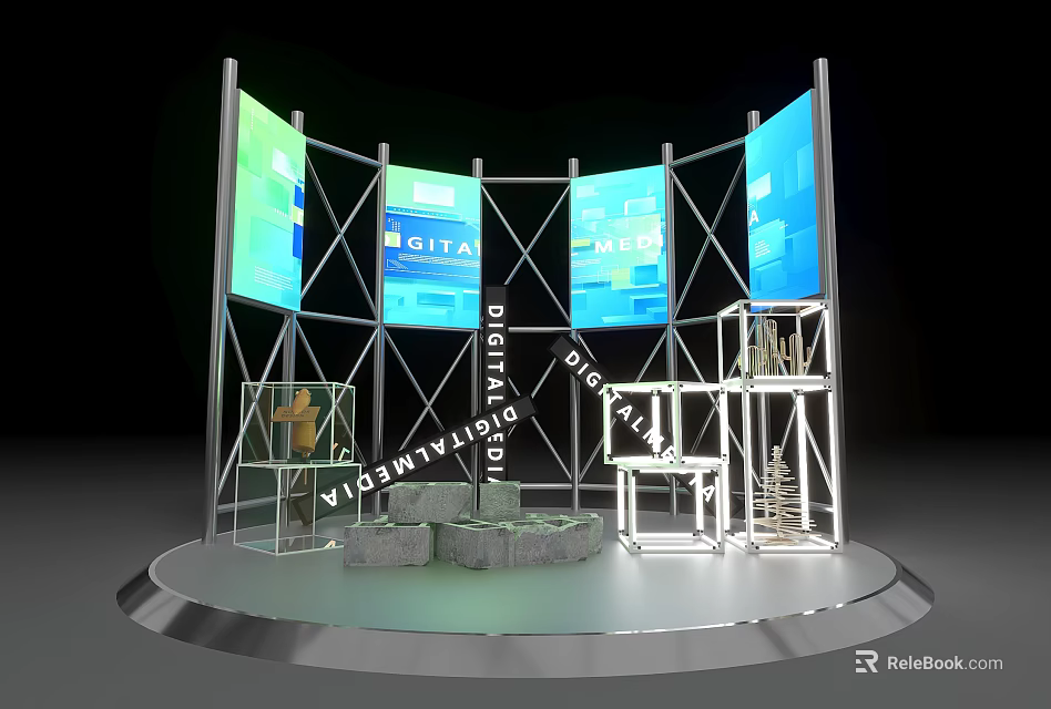 Modern Exhibition Stand With Multiple Screens Metal Frame And Circular Base 3d model