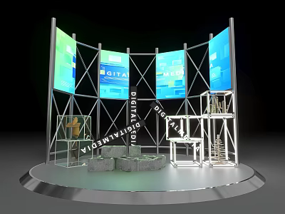 Modern Exhibition Stand With Multiple Screens Metal Frame And Circular Base 3d model
