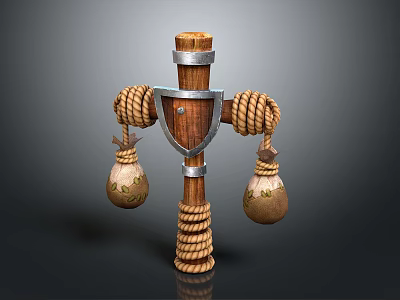 Traditional Wooden Training Weapon With Metal Accents Rope Wrapping And Hanging Sandbags 3d model