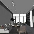 Modern Public Office Space Interior With Sofa Armchairs Bookshelf Plants And Large Windows