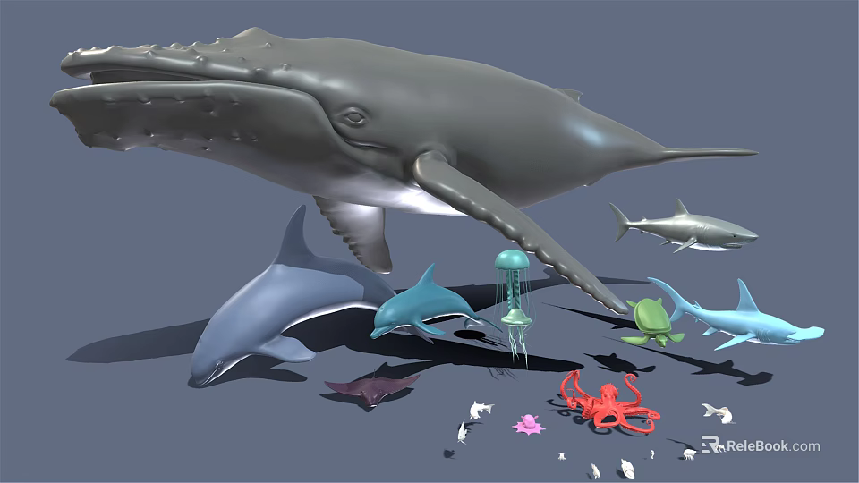 Various Marine Animals Collection With Whale Dolphin Shark Jellyfish Octopus And Small Fish 3d model 