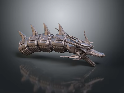 Mechanical Dragon Creature With Metal Body Spiked Back And Sharp Teeth 3d model
