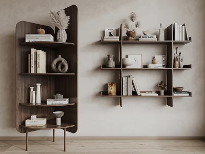 Modern Wooden Shelving Units Featuring Curved Design And Wall Mounted Storage With Books Vases 3d model