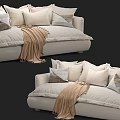 Modern Cream Multi Seater Sofa With Soft Pillows And Brown Throw Blanket 3d model