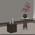 Round Side Table With White Tabletop Wooden Base Red Leaf Vase And Wine Bottle 3d model