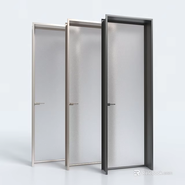 Modern Interior Hinged Doors With Frosted Glass And Silver Black Frames 3d model 