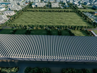 Modern Industrial Factory Building With Metal Roof And Surrounding Green Trees Area 3d model