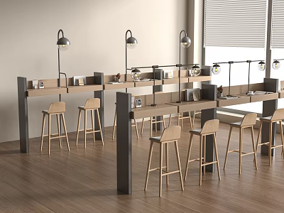 Modern Wooden Bar Counter With Black Frames Pendant Lights And Light Colored Bar Stools 3d model