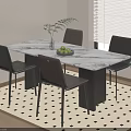 Modern Dining Table With Marble Top Black Chairs Vase And Fruit Bowl On Checkered Rug