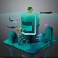Underwater Scene Structure With Green Roof House Red Boat Manta Rays Purple Fish And Rocks