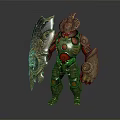 Ornate Armor Clad Character With Mythical Creature Design Elements On Helmet And Shield 3d model