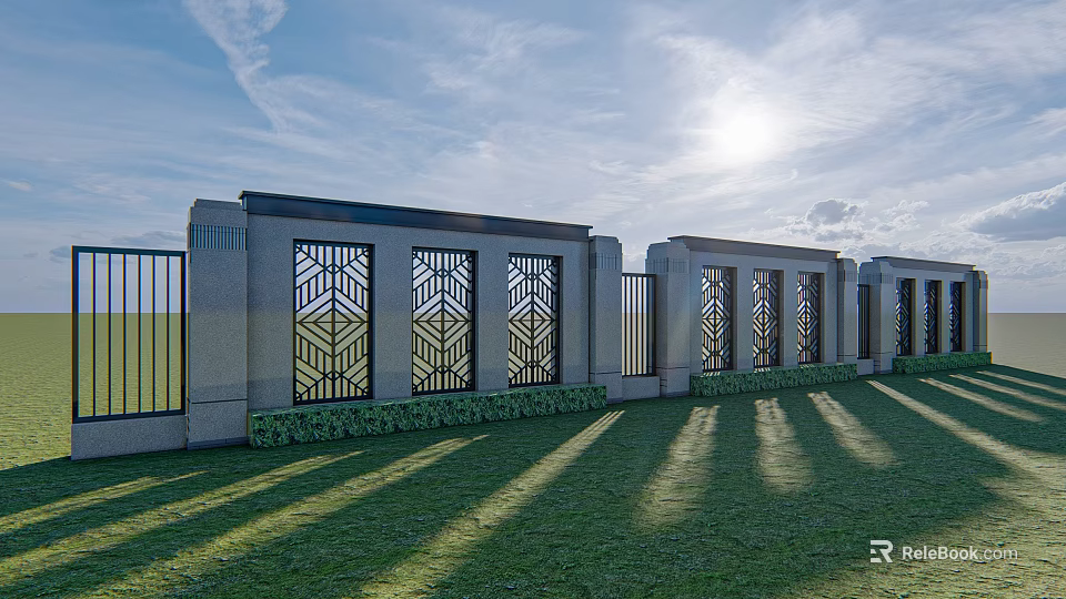 Building Exterior Wall With Stone Structure Geometric Metal Grilles Green Lawn And Sunlight 3d model 