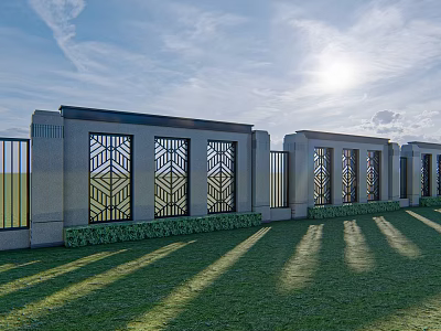 Building Exterior Wall With Stone Structure Geometric Metal Grilles Green Lawn And Sunlight 3d model